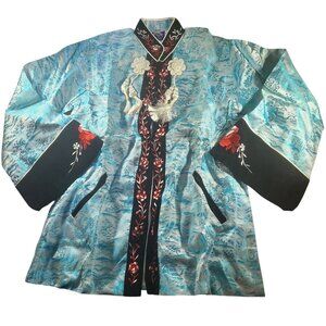 Vtg Fuji Japan Embroidered Kimono Jacket Robe Blue & Black floral cuff collar